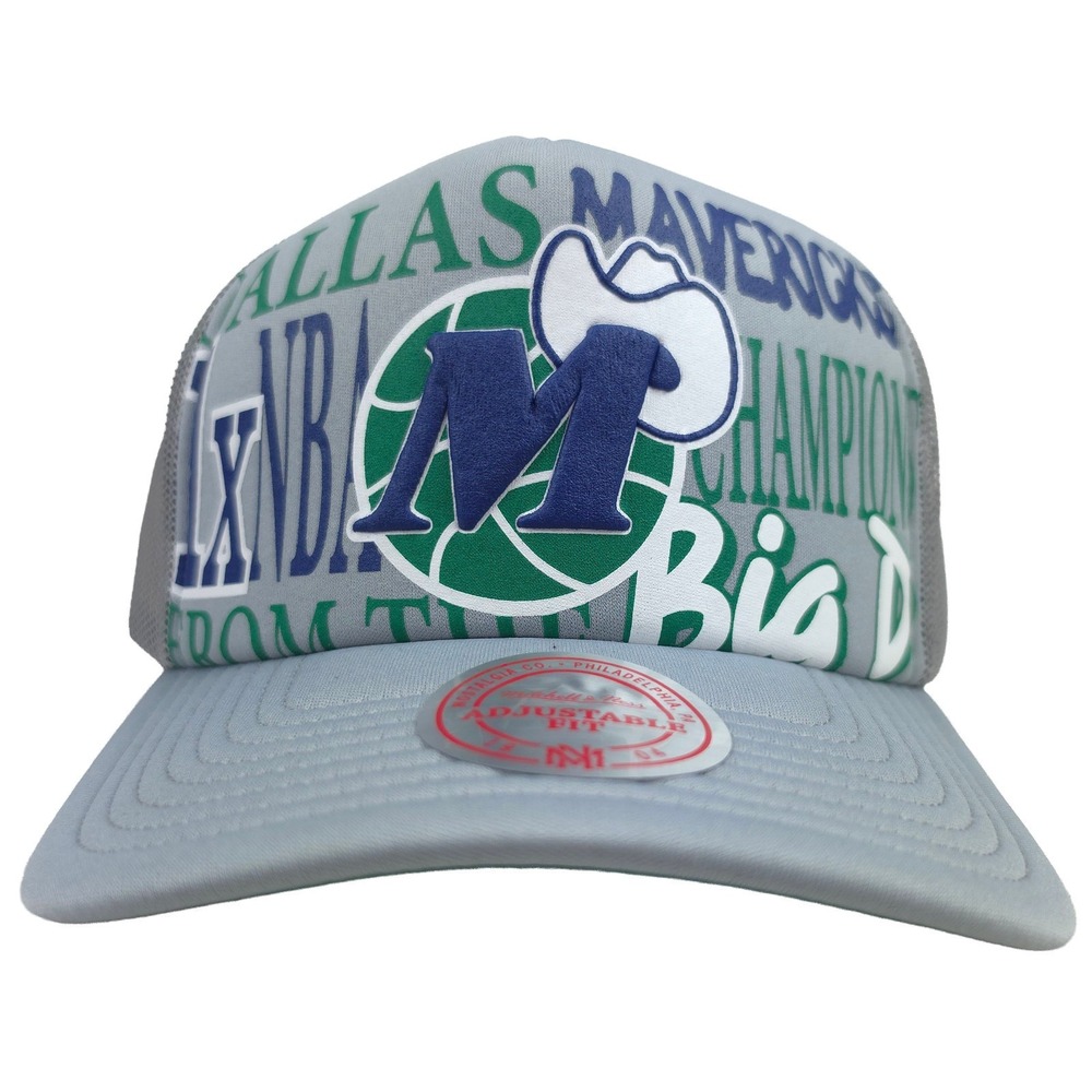 Dallas‎ Mavs Mitchell & Ness NBA Trucker Hat Cap Puff Print Logo Silver Gray NWT